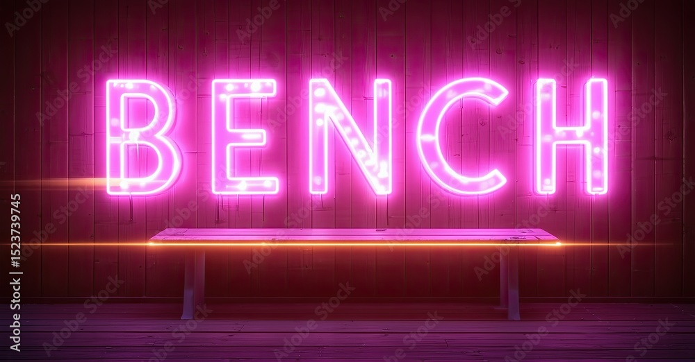 Poster Bright pink neon sign spells BENCH above simple wooden bench. Dark background emphasizes glowing letters, creating dramatic effect.