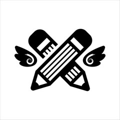 Crossed pencils with wings. Pictogram. Iconic illustration.