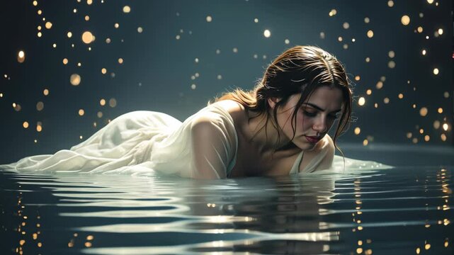 A woman is laying in the water with her legs spread apart