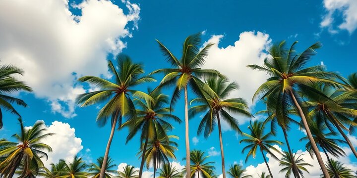 Tall coconut palm trees sway gently against a vibrant blue sky dotted with fluffy white clouds,  summer,   idyllic