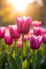 Obraz premium Serene background of tall tulips in varying shades of pink and purple, surrounded by soft natural elements 