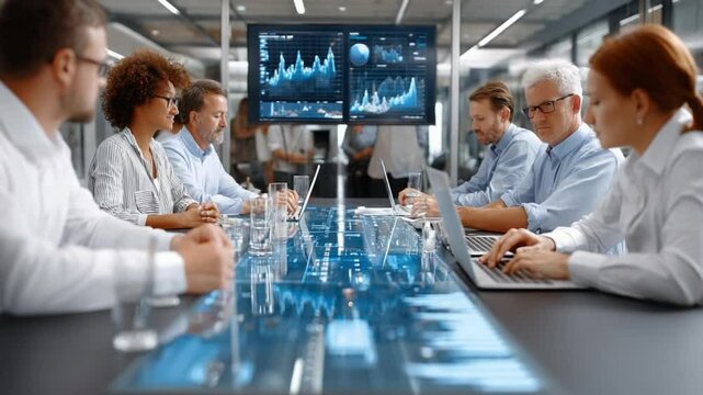 Business Strategy Meeting: Professionals intently focus on data analysis and strategy, seated around a high-tech meeting table, as a modern digital display showcases intricate charts and graphs.