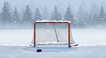 Snowy Hockey Rink Winter Sports Scene, Frozen Ice, Puck, Net