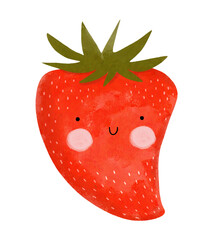 Obraz premium Cute Red Strawberry With Green Leaves. Kawaii Style Print with Happy Strawberry with Big Smile, Isolated on a White Background. Funny Fruit Print Perfect for Wall Art, Poster. Lovely Nursery Art.