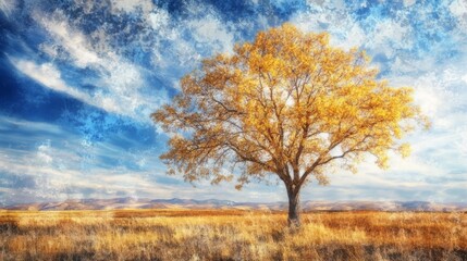 Fototapeta premium In a sun-drenched field, a vibrant tree takes center stage beneath a cloudy sky on a golden autumn day