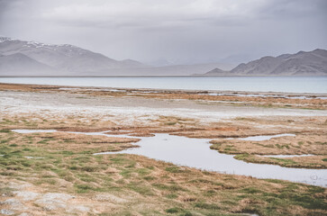 Grass and stone shore of Lake Karakul with blue water and mountain peaks in the background, cloudy weather and sky with clouds and clouds in the Pamirs, panoramic landscape
