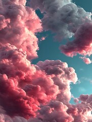 a captivating image presents a sky filled with voluminous, textured clouds. predominantly, the clouds exhibit a soft, rose colored hue, creating a warm and dreamlike atmosphere