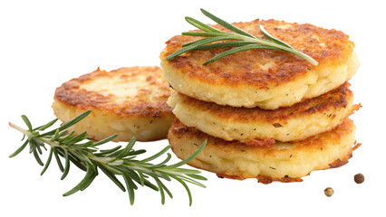 Golden Brown Potato Fritters Stacked with Fresh Rosemary, Close-Up Shot. AI generated