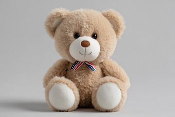 Cute beige teddy bear with ribbon on light gray background