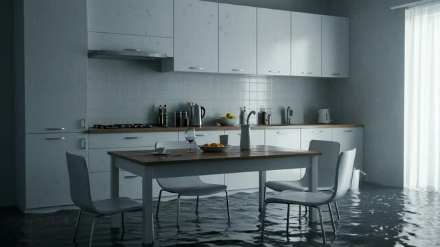 Water damage in kitchen shows flooded floor and furniture. Water damage restoration needs immediate attention in this kitchen.