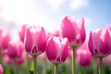 Obraz premium Artistic arrangement of elegant tulips in shades of pink and purple rising above lush green leaves in a calm garden
