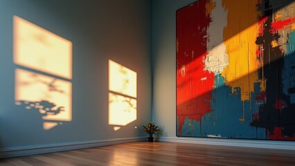 Bright sunlight casts artistic shadows in a modern room featuring a colorful painting during late afternoon