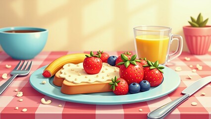 Breakfast spread featuring toast with fruit, coffee, and juice on a checkered tablecloth in a cozy kitchen