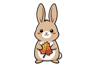 Obraz premium Adorable Autumn Bunny Illustration Cute Cartoon Rabbit Holding a Maple Leaf