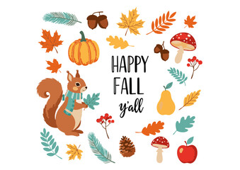 Happy Fall Y'all Adorable Squirrel and Autumn Elements Illustration