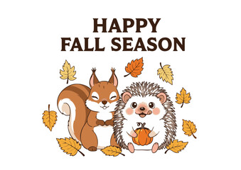 Adorable Squirrel and Hedgehog Celebrating Happy Fall Season Autumn Leaves, Pumpkin, Cute Cartoon Illustration