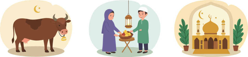 Cartoon flat vector illustrations of a set of colorful Eid al Adha