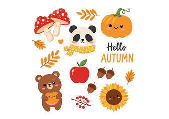 Naklejka premium Adorable Autumn Collection Cute Panda, Bear, Pumpkin, and Fall Elements Illustration