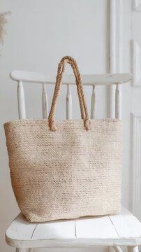 Woven raffia beach bag with rope handles sits on distressed white painted vintage chair against a white wall with architectural detail