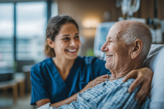 A female doctor with South Asian features offers a comforting hand to an elderly male patient in a brightly lit, real-life clinic setting, focusing on their connection.