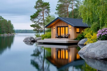 Obraz premium Wooden lakeside cabin reflecting in calm water at sunset