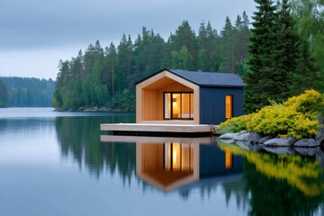 Modern wooden lakeside cabin reflecting in calm water at twilight