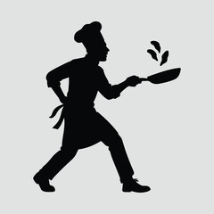 Silhouette chef cooking flipping food with pan Illustration Vector