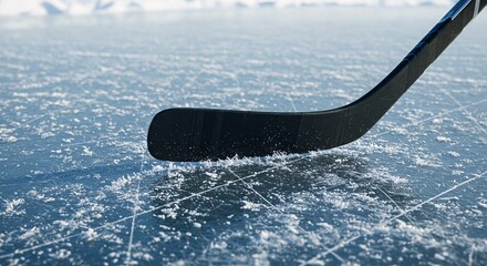 Ice Hockey Stick on Frozen Rink Close-up Shot