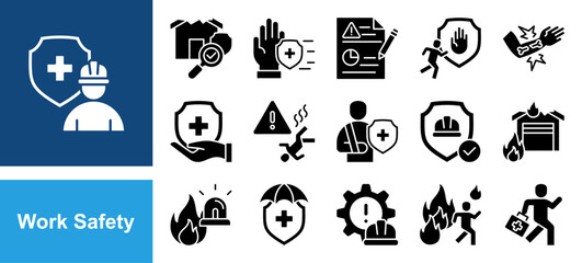 Work Safety icon set with hazard, risk, prevention, protection, accident, emergency, injury, first aid, evacuation and fire.