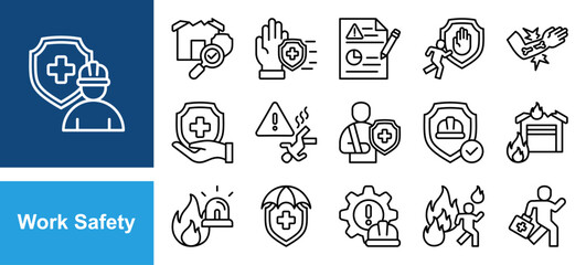 Fototapeta premium Work Safety icon set with hazard, risk, prevention, protection, accident, emergency, injury, first aid, evacuation and fire.