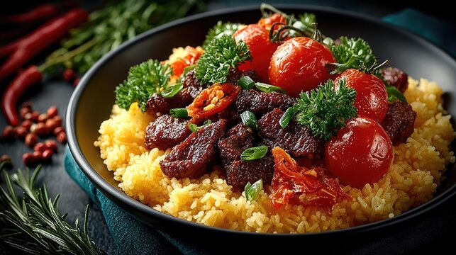 Burkina Faso dish Riz Gras Rice cooked with tomatoes meat and vegetables oily and flavorful