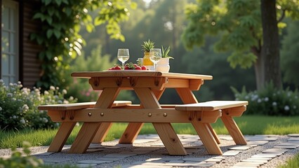 Outdoor picnic table set with fresh fruits and drinks amid a serene garden in the afternoon light
