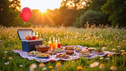 Picnic gathering during sunset with colorful foods and beverages in a blooming meadow