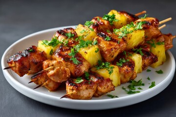 Fototapeta premium Grilled chicken skewers with pineapple and parsley resting on white plate