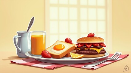 Delicious breakfast spread with hamburger, toast, fruit, and orange juice on a sunny morning