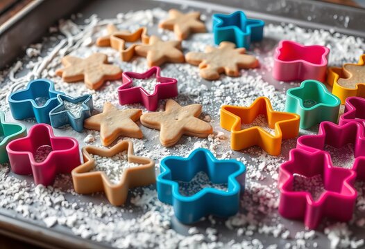 Various cookie cutters on baking sheet with flour,   tasty,  sweets - Powered by Adobe
