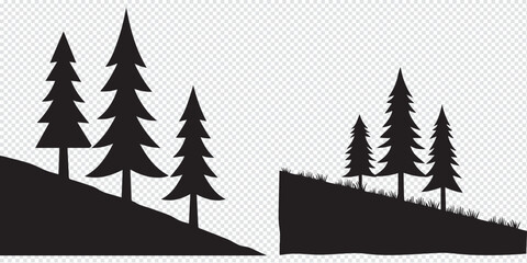 Set Trees. Hand Drawn Vector Illustration – Stylized Pine Tree Silhouettes, Minimalist Forest Design with Conical Shapes, Black on White, Simple Symmetrical Nature Graphic

