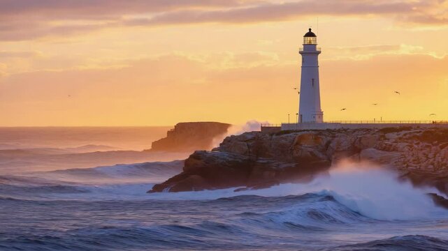 Majestic Coastal Lighthouse at Sunset with Soaring Seagulls and Crashing Waves for Nautical Decor