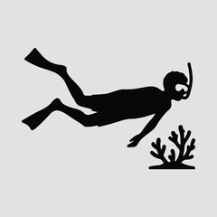 Silhouette scuba diver swims near coral Illustration Vector