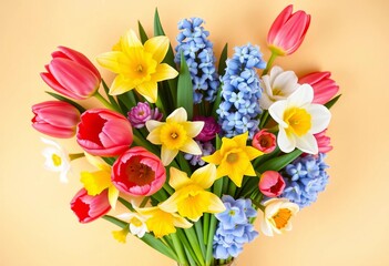 Vibrant spring bouquet, tulips, daffodils, hyacinths, ranunculus, on creamy tan background,  blossoms,  spring bouquet