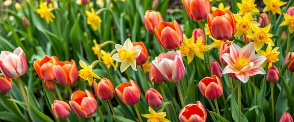 Vibrant tulips, daffodils, and lush green leaves bursting forth in springtime,  blossom,  daffodils