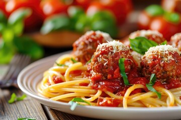 Delicious spaghetti and meatballs served on a rustic wooden table with fresh tomatoes and basil