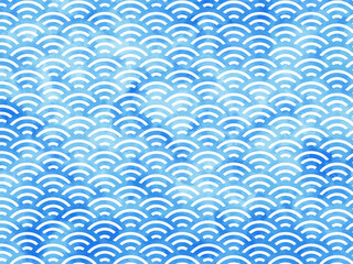 青海波　日本の伝統的な和柄の背景　水彩　青　イラスト