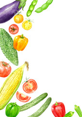 水彩で描いた夏野菜のフレーム 縦長デザイン