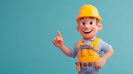 cheerful cartoon worker pointing in isometric HR campaign