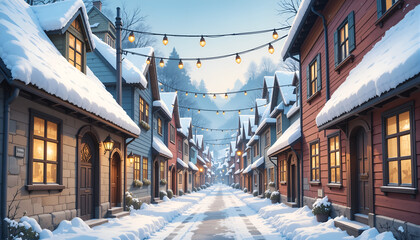 Fototapeta premium Charming winter village street, cozy mood, illuminated houses with snow, festive atmosphere