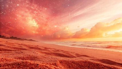 Surreal sunset beachscape with vibrant red sky and stars