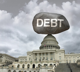 United States Debt Crisis Financial pressure and US economic stress of government spending worries and business slowdown as an American economy concept caused by the burden of recession problems.