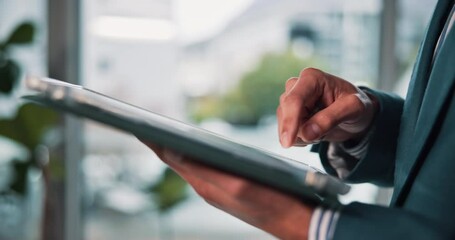 Office, typing and hands of businessman on tablet for financial report, online results and stock market news. Screen, corporate and person on digital tech for finance review, stocks update or website - Powered by Adobe