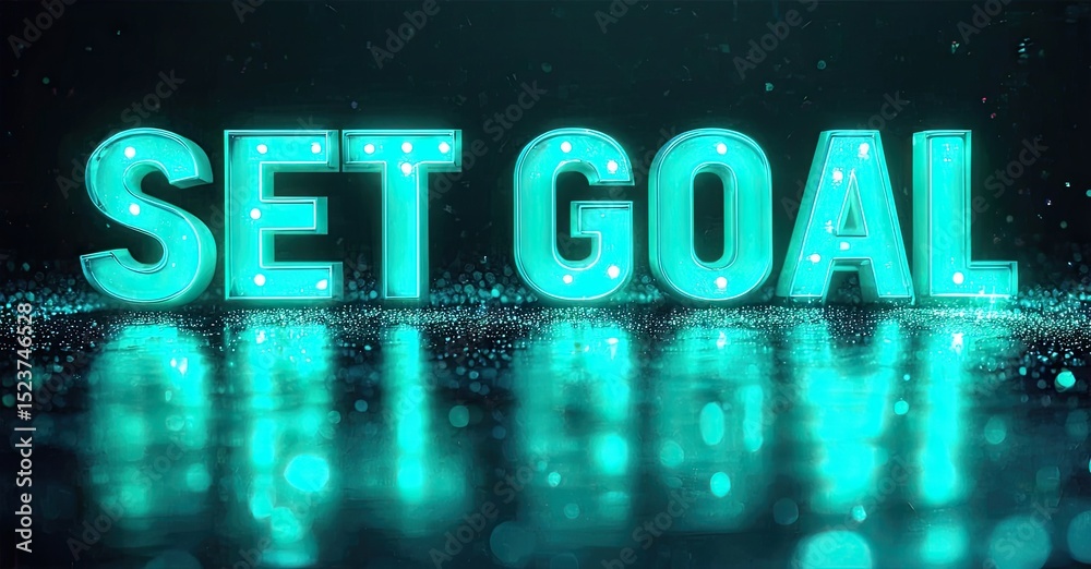 Aufkleber Bright turquoise lettering spells SET GOAL against dark background. Sparkling particles create reflective effect. Motivational message displayed prominently.
